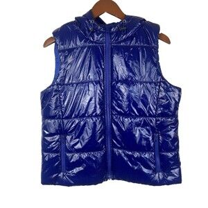 J. Society Women's Size M Hooded Blue Shiny Puffer Vest Winter Streetwear Y2K